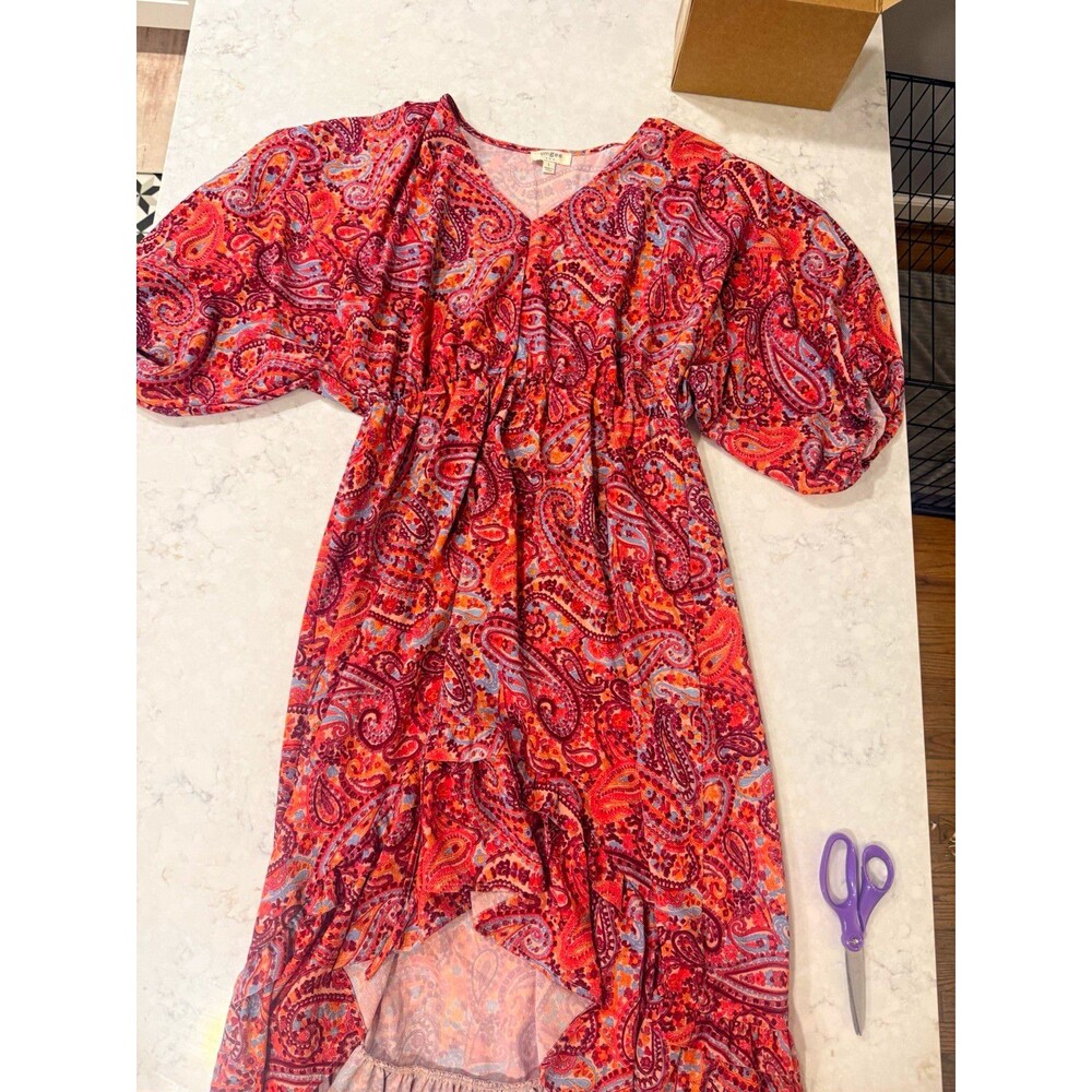 UMGEE Orange Pink Purple Paisley V-Neck Puff 3/4 Sleeve Ruffle A-Line L